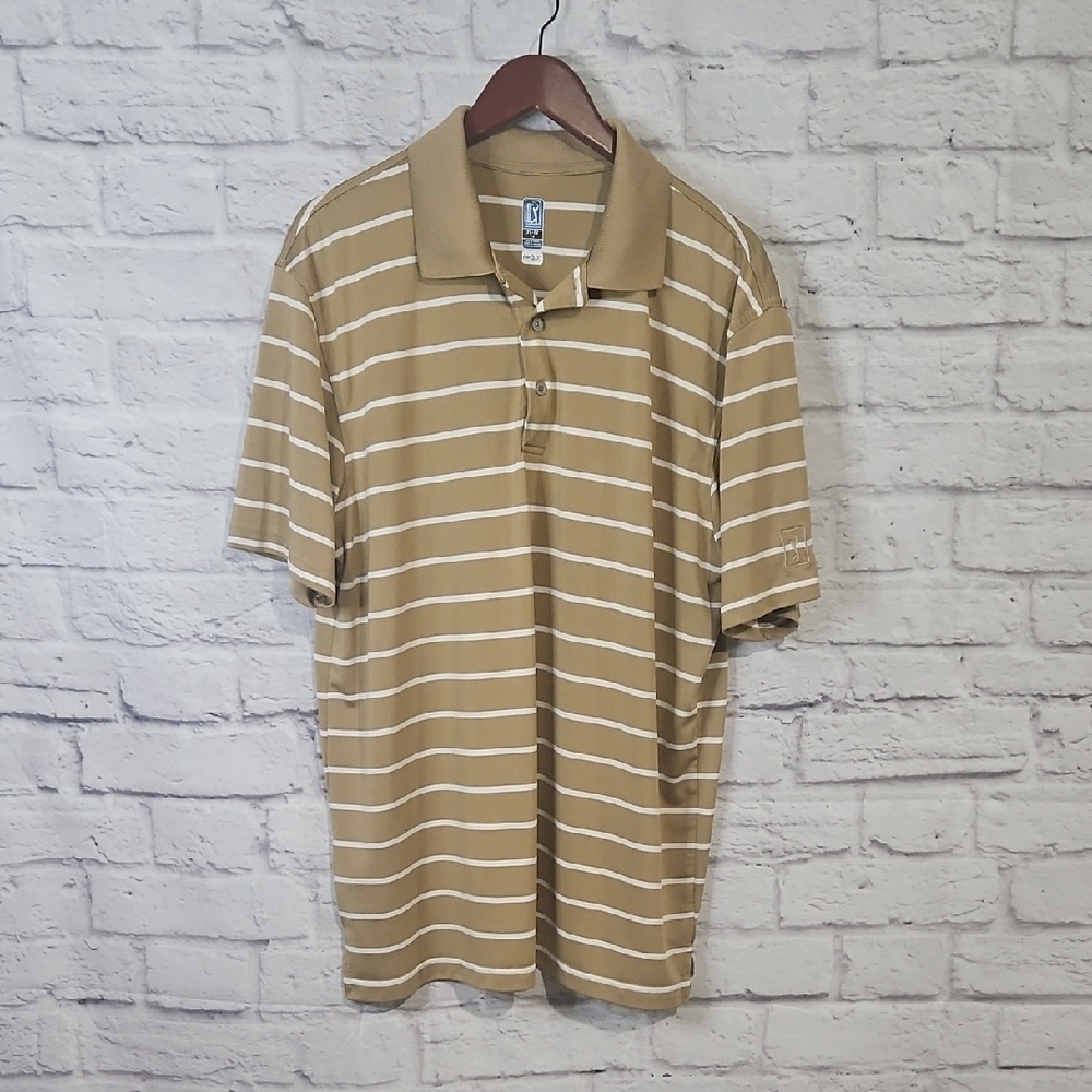PGA Tour Beige and White Striped Polo Shirt